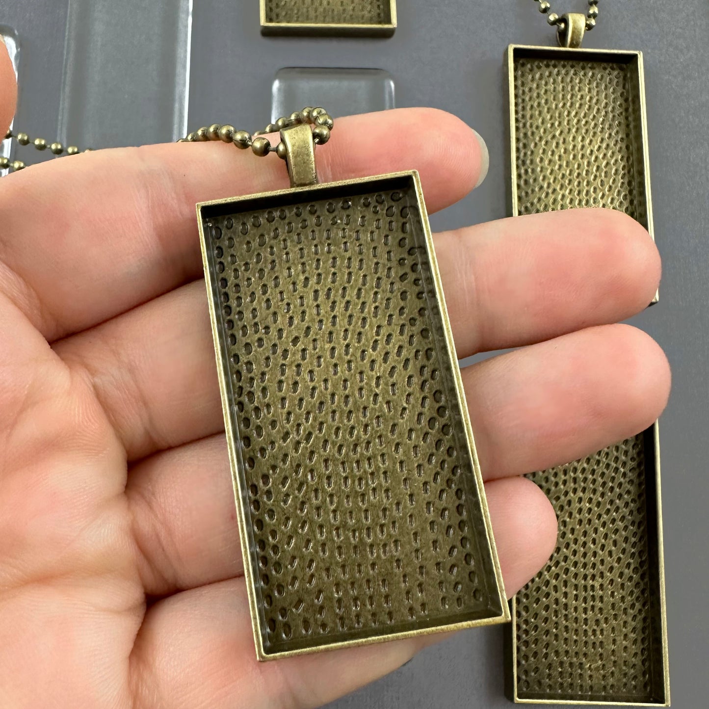 Bulk Rectangle Photo Necklace Blanks with Glass Covers and Ball Chains 50x25mm Antique Bronze