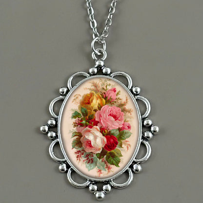 Make Your Own Photo Necklace Kit 40x30mm Beaded Flower Oval Antique Silver