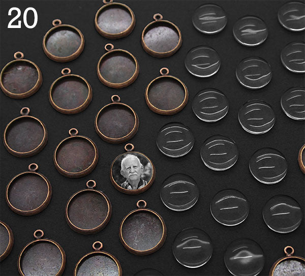 20 Pack Round Mini Copper Plated Photo Charms w/ Glass Domes 1/2 Inch Photo Area