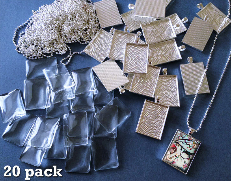 20 Pack 25x35mm Silver Rectangle Photo Jewelry Pendants w/ Glass and Ball Chains