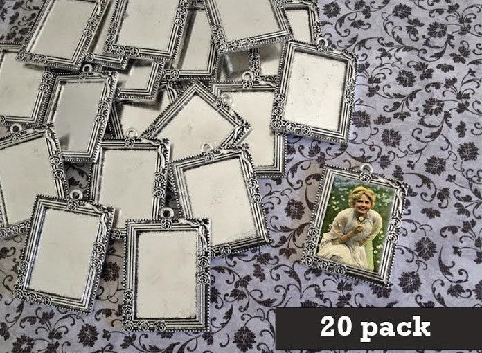 20 Pack 25x35mm Vintage Silver Rectangle Rose Vine Photo Pendants w/ Glass