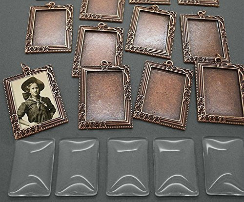 20 Pack 25x35mm Copper Rectangle Rose Vine Photo Pendants w/ Glass