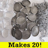 20 Pack Large Antique Silver Oval Photo Pendants w/ Glass and Ball Chains