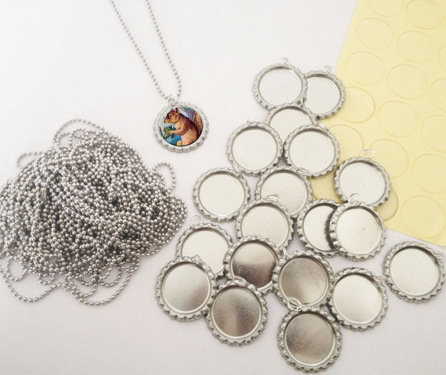 20 Pack Bottle Cap Pendants w/ Krystal Clear-Itz Covers + 20 Ball Chains