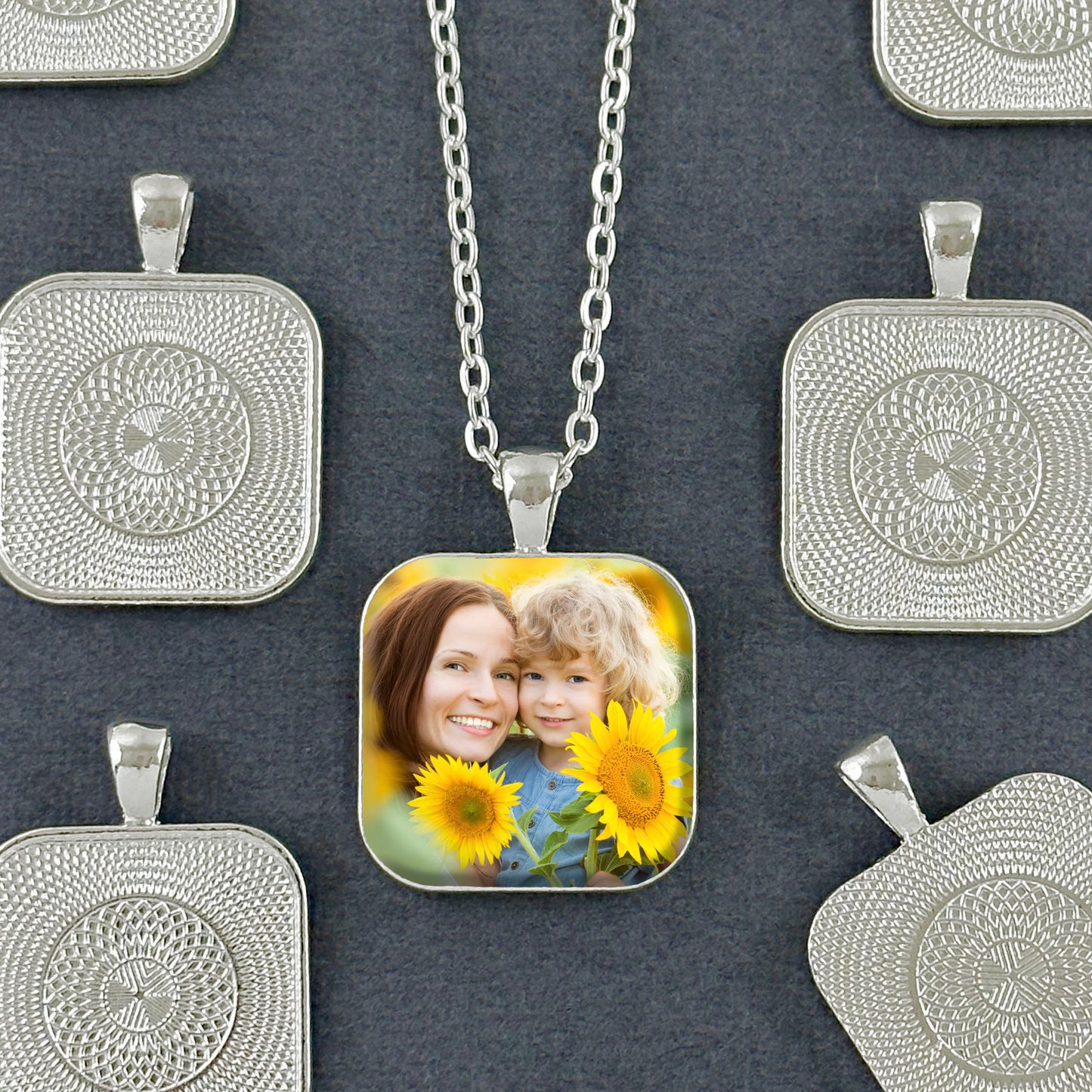 Mega Kit Photo Necklaces with 25mm 1" Shiny Silver Rounded Edge Square Photo Pendants