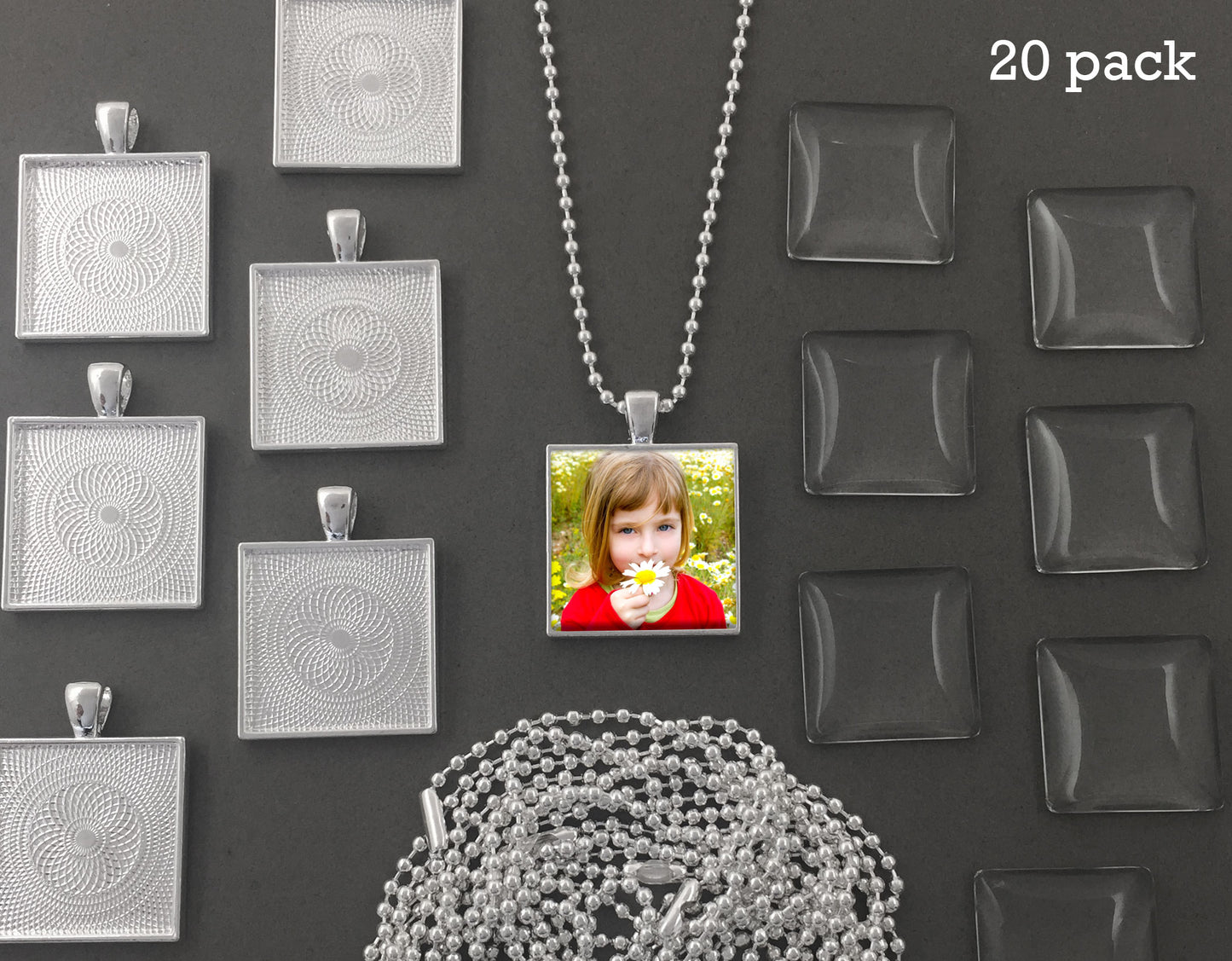 20 Pack One Inch Square Photo Pendants w/ Glass + 20 Ball Chains