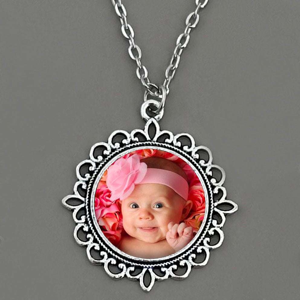 Make Your Own Photo Necklace Kit 25mm Lace Edge Antique Silver