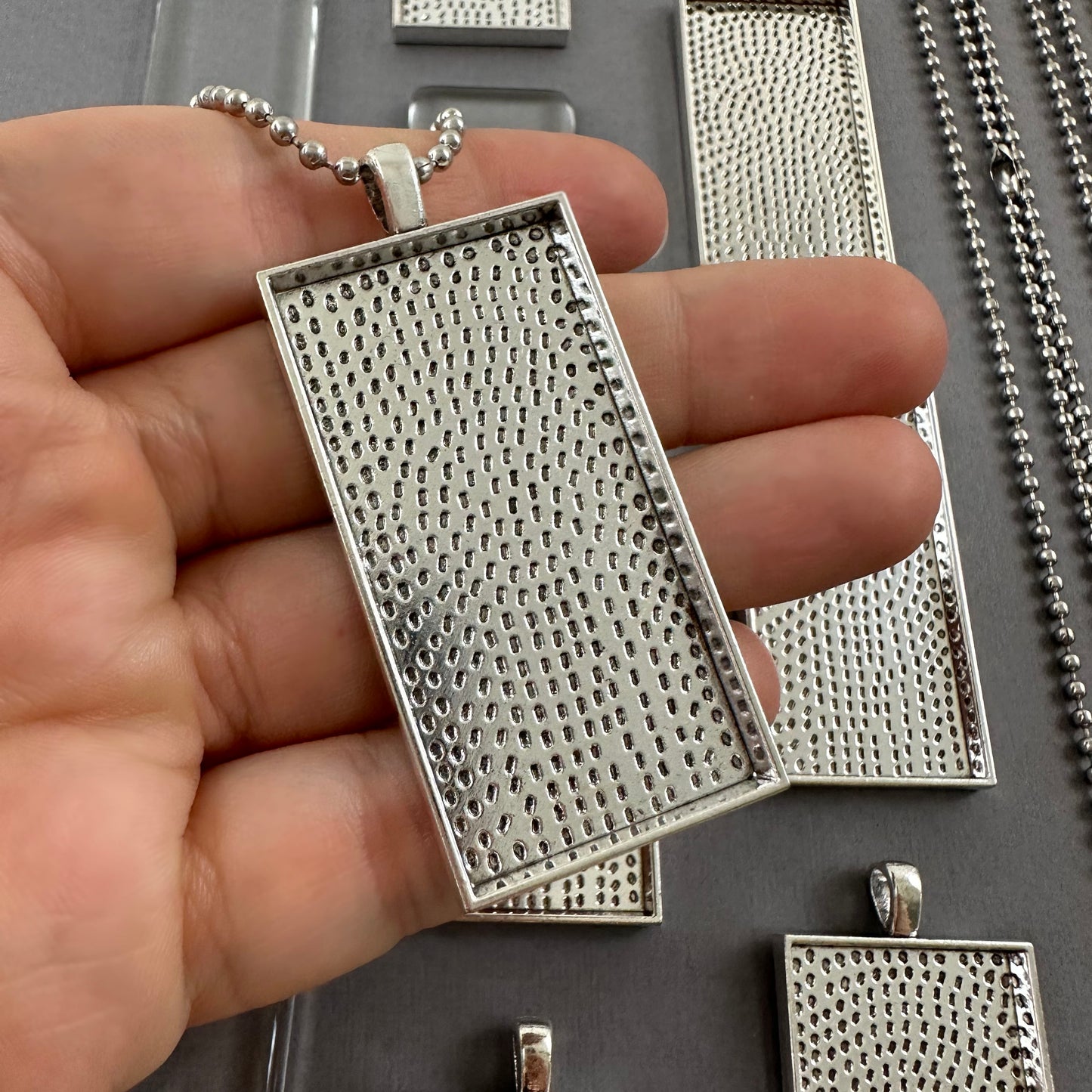 Bulk Rectangle Photo Necklace Blanks with Glass Covers and Ball Chains 50x25mm Antique Silver