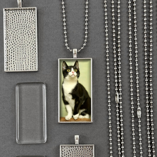 Mega Kit Photo Necklaces Rectangle 50x25mm with Ball Chains Antique Silver