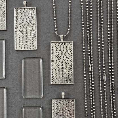 Bulk Rectangle Photo Necklace Blanks with Glass Covers and Ball Chains 50x25mm Antique Silver