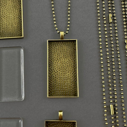 Bulk Rectangle Photo Necklace Blanks with Glass Covers and Ball Chains 50x25mm Antique Bronze