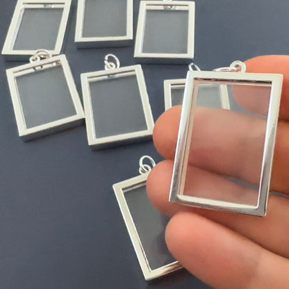 Bulk Supply Pack Rectangle EZ Change Photo Charm Silver Plated Open Frame Double Sided