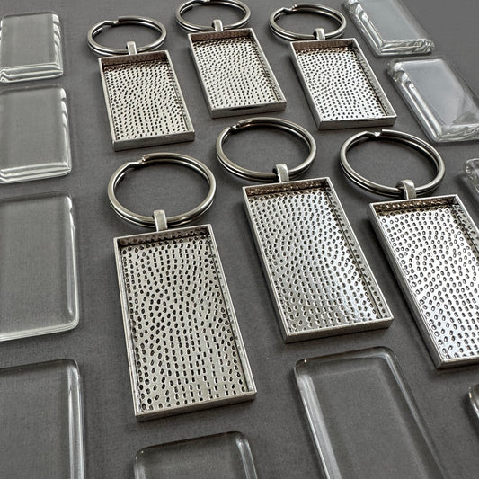 Bulk Rectangle Photo Keychain Blanks with Glass Covers 50x25mm Antique Silver