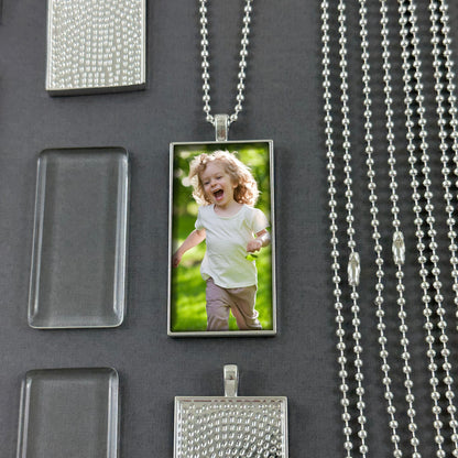Mega Kit Photo Necklaces Rectangle 50x25mm with Ball Chains Shiny Silver
