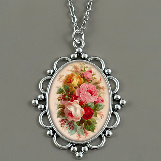 Make Your Own Photo Necklace Kit 40x30mm Beaded Flower Oval Antique Silver