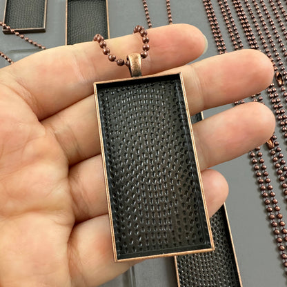 Bulk Rectangle Photo Necklace Blanks with Glass Covers and Ball Chains 50x25mm Antique Copper