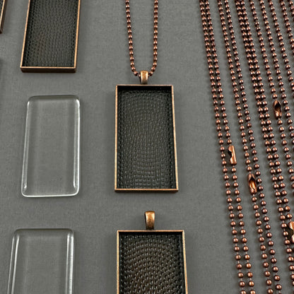 Bulk Rectangle Photo Necklace Blanks with Glass Covers and Ball Chains 50x25mm Antique Copper