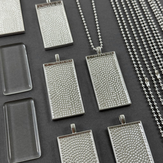 Bulk Rectangle Photo Necklace Blanks with Glass Covers and Ball Chains 50x25mm Shiny Silver