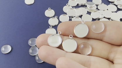 Bulk Mini Lightweight Circle Photo Charms with Glass Domes 12mm Shiny Silver