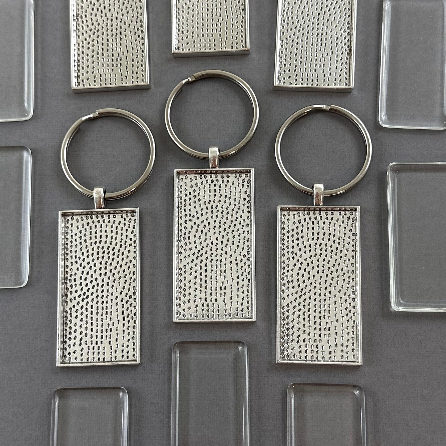 Bulk Rectangle Photo Keychain Blanks with Glass Covers 50x25mm Antique Silver