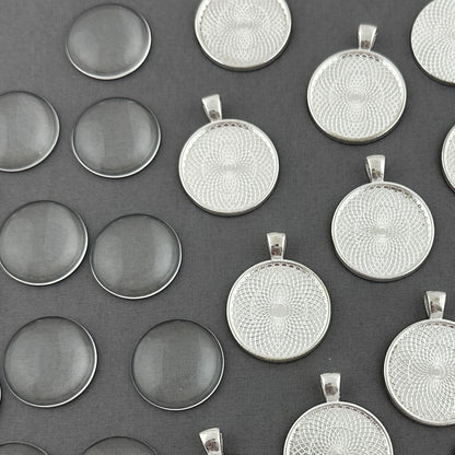 Bulk Simple Circle Photo Pendants with 1" Glass Domes 25mm Shiny Silver