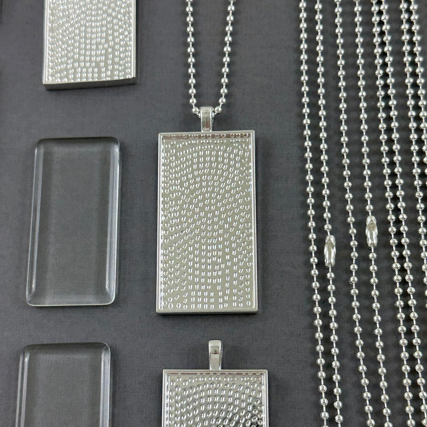 Bulk Rectangle Photo Necklace Blanks with Glass Covers and Ball Chains 50x25mm Shiny Silver
