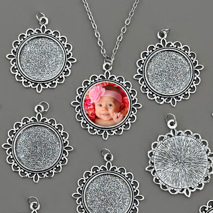Mega Kit Photo Necklaces with 25mm 1" Antique Silver Lace Edge Circle Photo Pendants