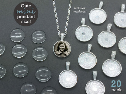 20 Pack 16mm Mini Glass Photo Pendants & 18" Link Chain Necklaces Supply Pack