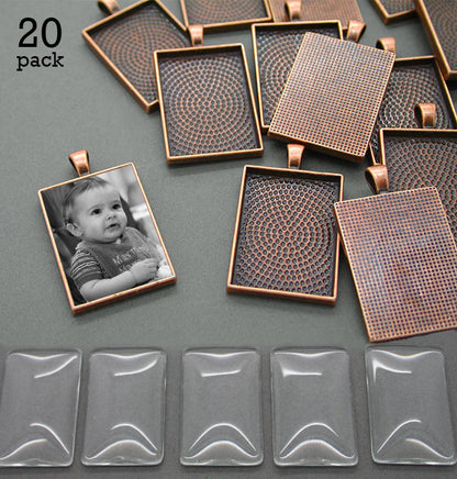 20 Pack 25x35mm Copper Rectangle Photo Pendants w/ Glass