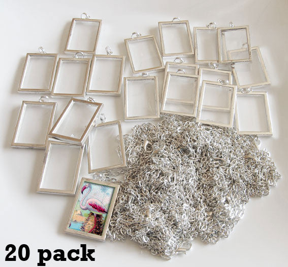 20 Pack 1 1/2 x 1" EZ Change Silver Rectangle Pendants W/ Link Chain Necklaces