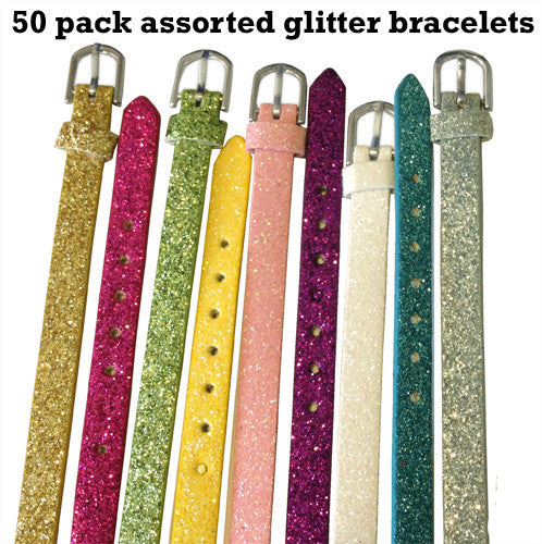 50 Pack Glitter Slide On Charm Strap Bracelets 8mm Wide