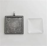 20 Pack Photo Jewelry Beaded Edge Square Pendant w/ Glass Antique Silver