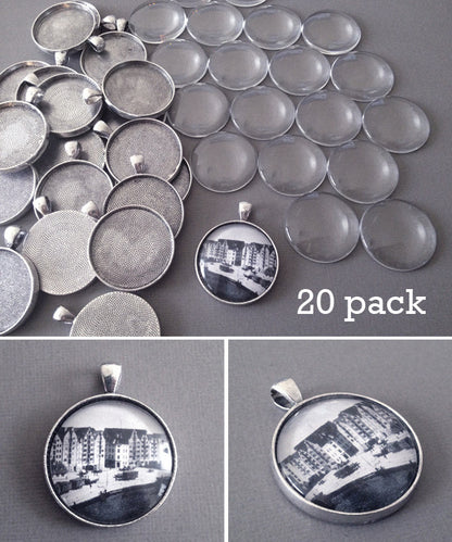 20 Pack Round Antique Silver Photo Jewelry Pendant Setting Supplies, Link Chains w/ Glass