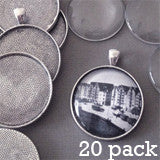 20 Pack Round Antique Silver Photo Jewelry Pendant Setting Supplies, Link Chains w/ Glass