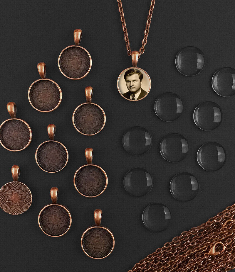 20 Pack 16mm Mini Copper Glass Photo Pendants & 18" Link Chain Necklaces Supply Pack