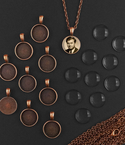 20 Pack 16mm Mini Copper Glass Photo Pendants & 18" Link Chain Necklaces Supply Pack