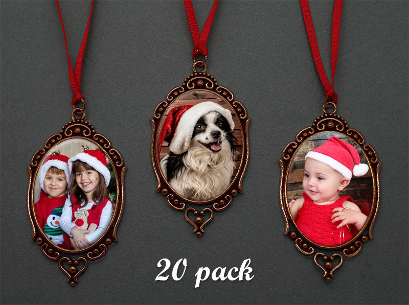 20 Pack Vintage Style Copper Oval Photo Christmas Ornament Blanks Decorations w/ Red Ribbon Hangers