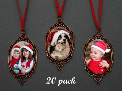 20 Pack Vintage Style Copper Oval Photo Christmas Ornament Blanks Decorations w/ Red Ribbon Hangers