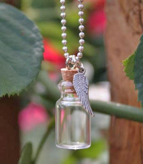 Mini Glass Trinket Bottle w/ Ball Chain & Angel Wing Charm