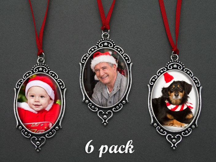 6 Pack Vintage Style Oval Photo Christmas Ornament Blanks Decorations w/ Red Ribbon Hangers Kit