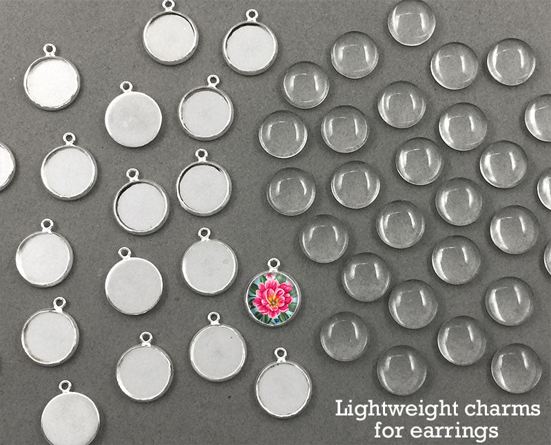 Bulk Mini Lightweight Circle Photo Charms with Glass Domes 12mm Shiny Silver Pack of 20 with Seal-itz
