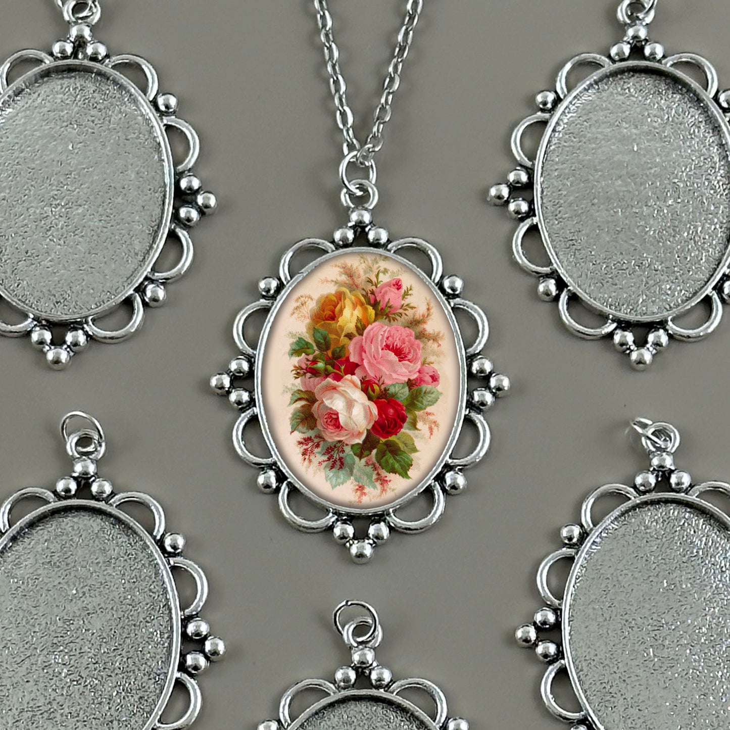 Mega Kit Photo Necklaces with 40x30mm Antique Silver Beaded Flower Oval Photo Pendants