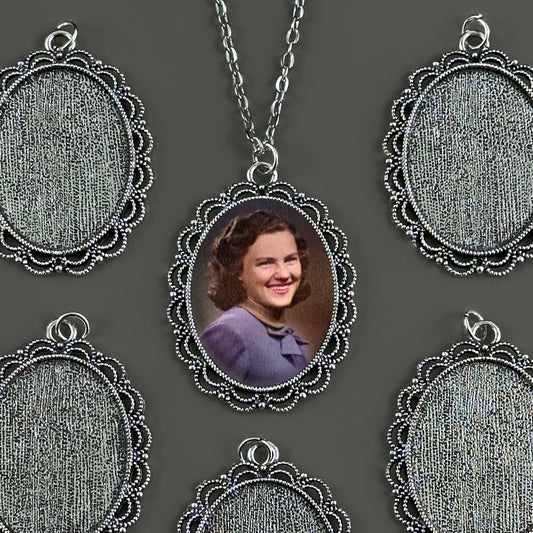 Mega Kit Photo Necklaces with 40x30mm Antique Silver Lacy Edge Oval Photo Pendants