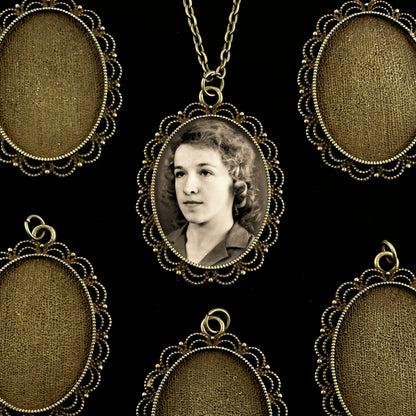 Makes 20 Photo Pendant Necklaces Kit Large 40x30mm Lacy Edge Oval Antique Bronze Gold