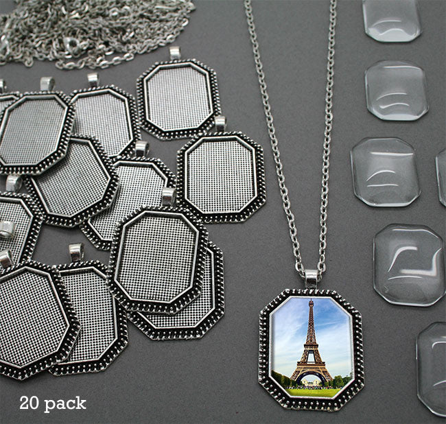 Photo Jewelry Octagon Glass Top Photo Pendant 20 Pack w/ Link Chains