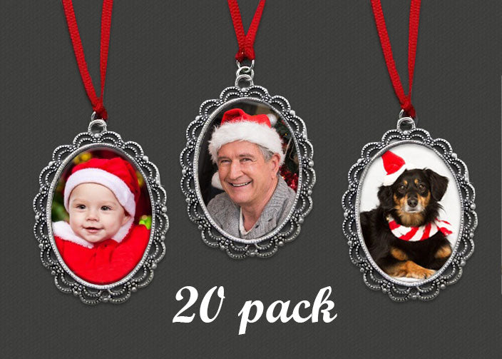 20 Pack Vintage Style Oval Photo Christmas Ornament Blanks Decorations w/ Red Ribbon Hangers