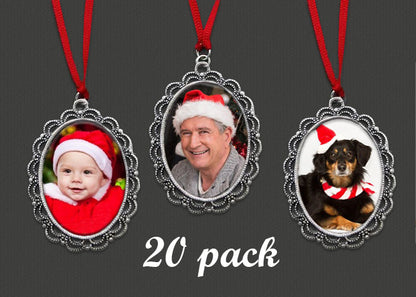 20 Pack Vintage Style Oval Photo Christmas Ornament Blanks Decorations w/ Red Ribbon Hangers