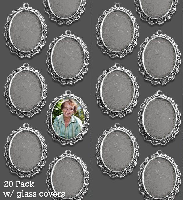 Antique Silver Ornate Edge 40x30 Oval Photo Pendant w/ Glass 20 Pack