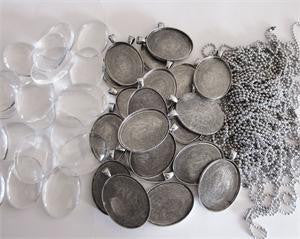 20 Pack Large Antique Silver Oval Photo Pendants w/ Glass and Ball Chains