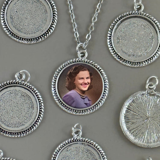 Mega Kit Photo Necklaces with 25mm 1" Antique Silver Beaded Edge Circle Photo Pendants